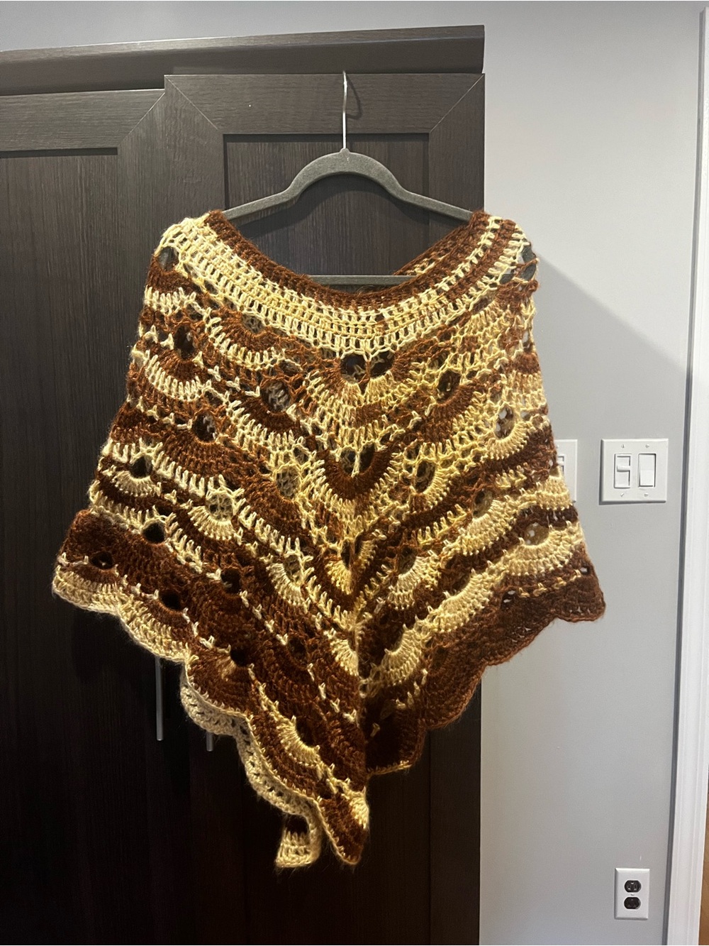 Handmade Brown and Cream Crochet Poncho thrifted in Italy